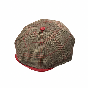 Khaki Plaid Newsboy Hat with Red Brim