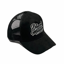 Load image into Gallery viewer, Black Suede Blessed Beyond Measure Trucker Hat
