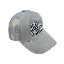 Load image into Gallery viewer, Gray Suede Blessed Beyond Measure Trucker Hat

