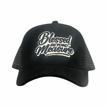 Load image into Gallery viewer, Black Suede Blessed Beyond Measure Trucker Hat
