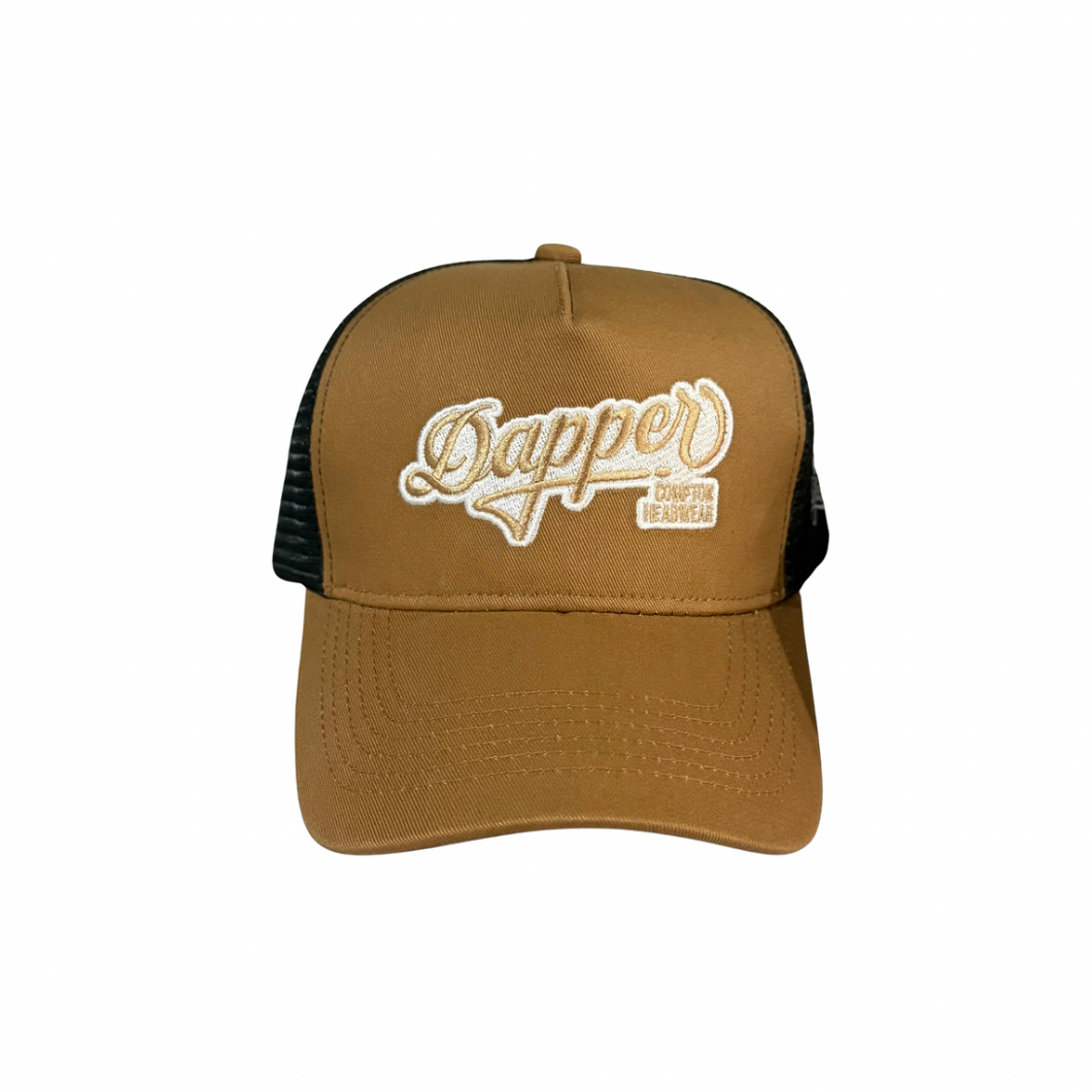 Dapper Trucker Hat (Khaki/Black/White)