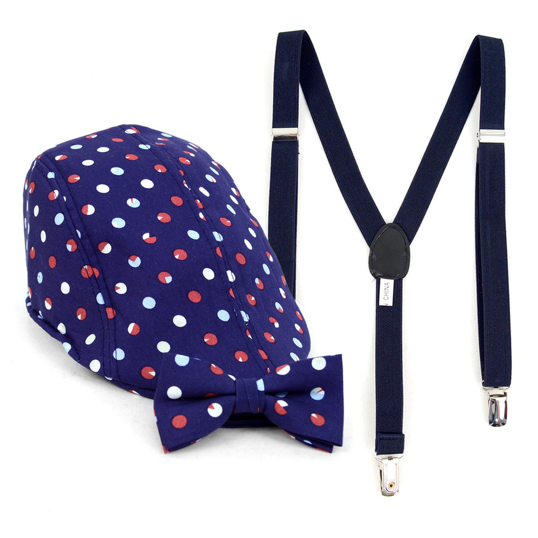 Kids Navy Blue Polka Dot Ivy Hat w/ Matching Bow-tie and Suspenders