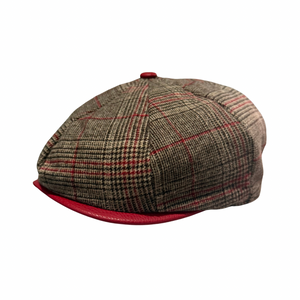 Khaki Plaid Newsboy Hat with Red Brim