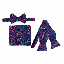 Load image into Gallery viewer, Purple Multicolor Paisley Self Tie Bow Tie &amp; Pocket Square
