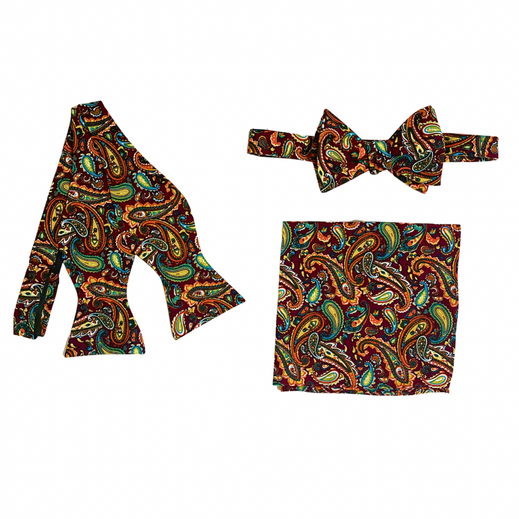Multicolor Autumn Paisley Self Tie Bow Tie & Pocket Square