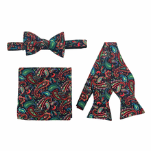 Load image into Gallery viewer, Navy Blue Multicolor Paisley Self Tie Bow Tie &amp; Pocket Square
