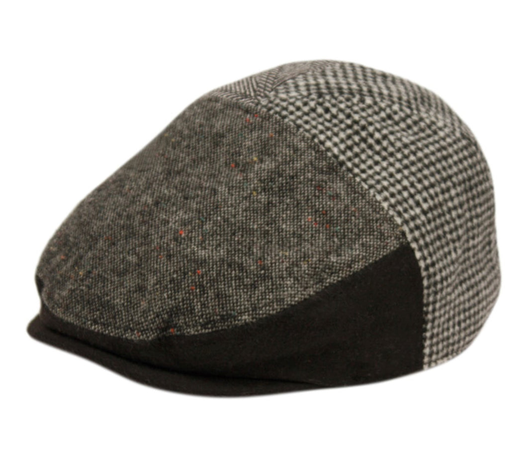 Black Herringbone/Houndstooth Wool Ivy Hat (w/ fleece earflap and lining)