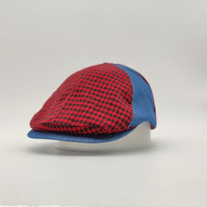Two-Tone Red Houndstooth/Denim Blue Newsboy Hat (On-Sale)
